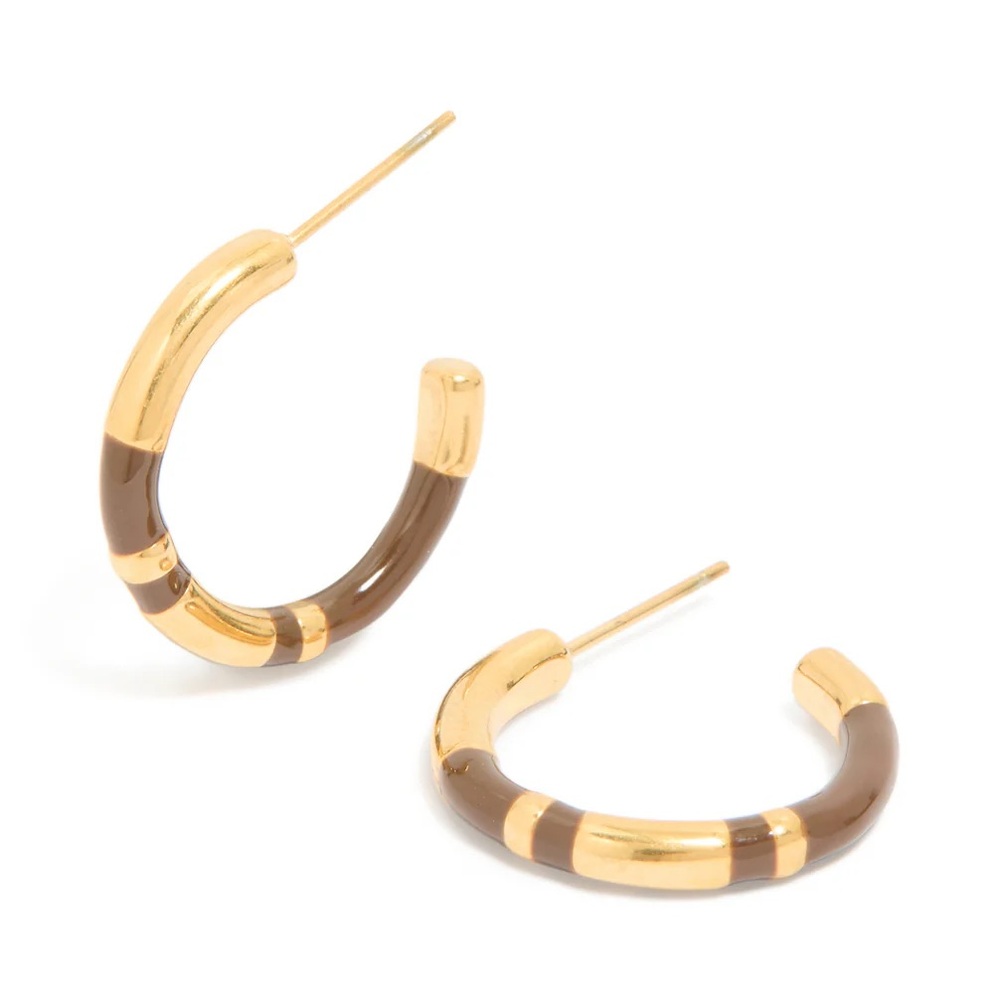 WATERPROOF Gold Plated Stainless Steel Small Brown Enamel Stripe Hoop Earrings